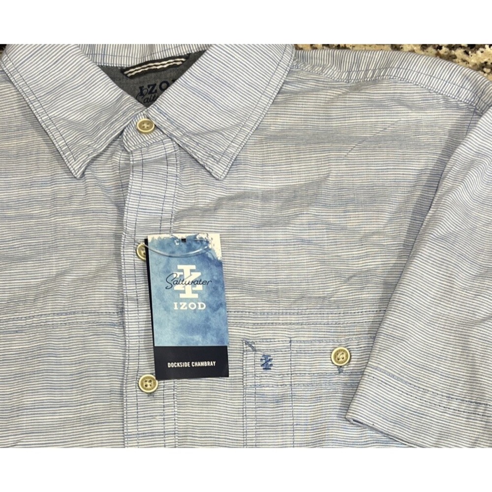New $60 Izod Saltwater Dockside Shirt Short Sleeve Button Blue Micro Stripe M